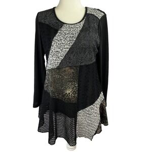 Womens Black Patchwork Tunic Top Size L Leopard Print Fairy Grunge Lagenlook Art